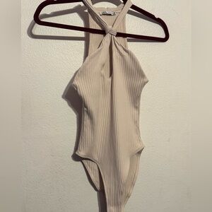 Zara Ribbed Halter Neck Bodysuit in Light Beige